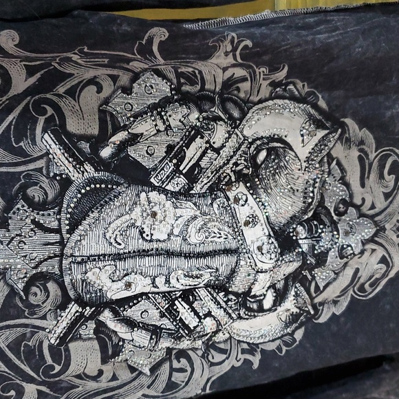 Vocal Charcoal VNeck Bling Long Sleeve Shirt Fleur De Lis Cowboy Boot Gun Pistol - Picture 3 of 7